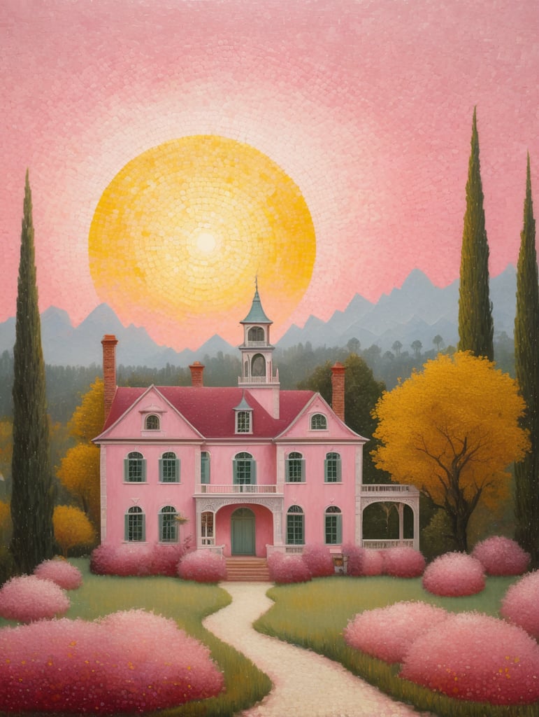 A beautiful crimson sky with a yellow sun painted in the style of Van GoghVan Gogh with light colors in reverse douste, a magnificent landscape in pink and white with a Victorian style mansion painted in pale pastels and whites in the style of Renior, and pointillism technique in the style of George's Seurat Triptych oil painting by Hieronymus Bosch, lost paradise, fantastic, hybrid, absurd