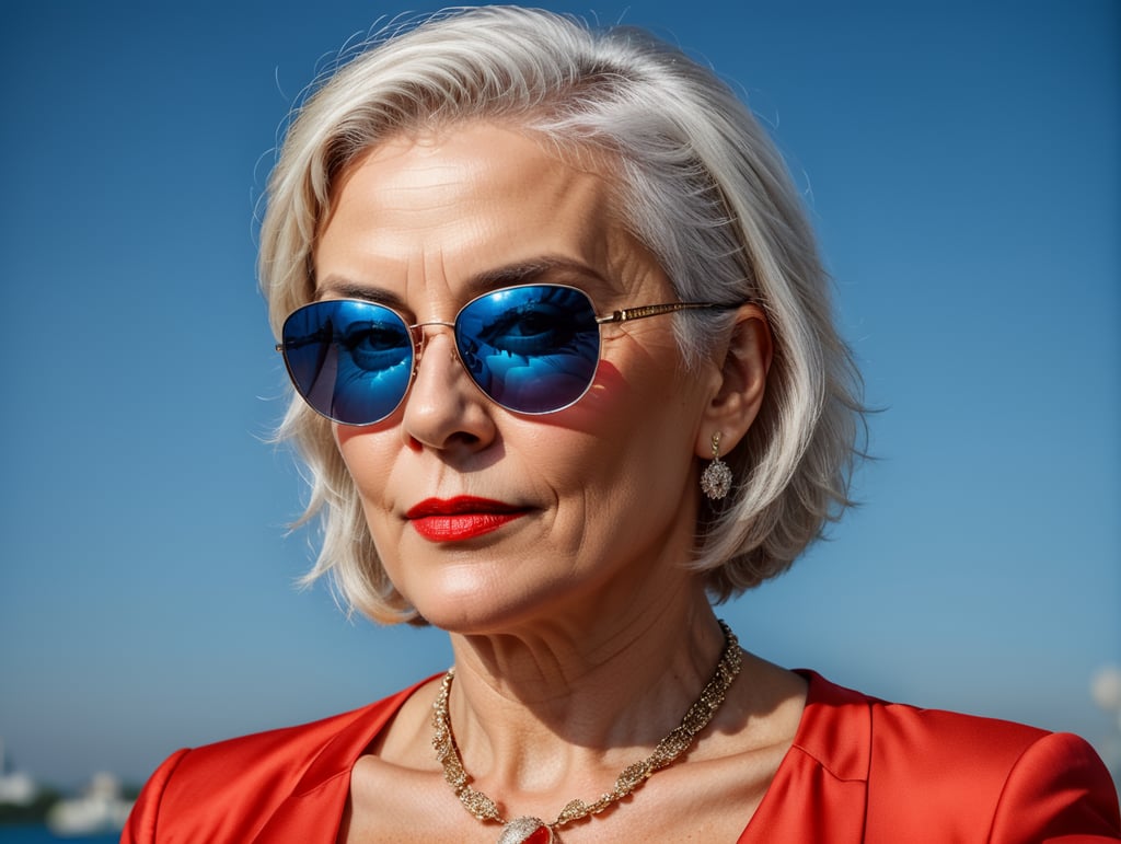A portrait of a beautiful English older woman with white platinum short hair and big sunglasses, dressed all red, blue background, big cleavage, glamorous London portrait, highly realistic, women designer, very fashionable, colourful