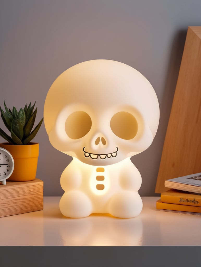 Una lámpara minimalista de silicona prendida para una habitación de niños con forma de calaverita feliz