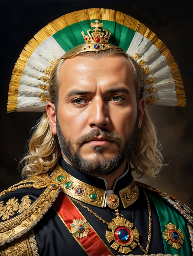 Pintura a óleo de um homem de 34 anos vestido como imperador do México ele tem a faixa Imperial e as insígnias imperiais ele é loiro e tem um pouco de calvície Seus olhos são azuis sua barba é loira grande e espessa Ele é bonito a foto é do corpo da cintura para cima retrato super detalhado em altíssima qualidade