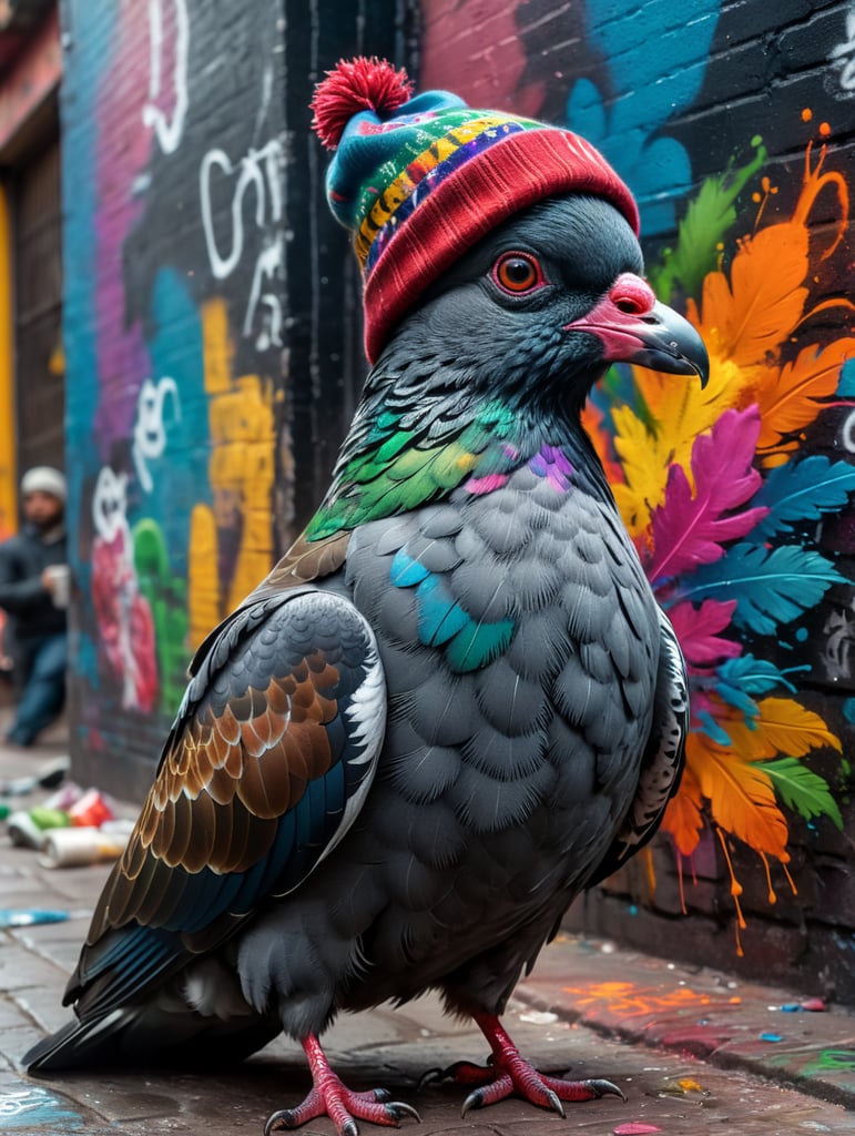 graffiti writer pigeon wearing a beannie with spraycan in in mexico city
