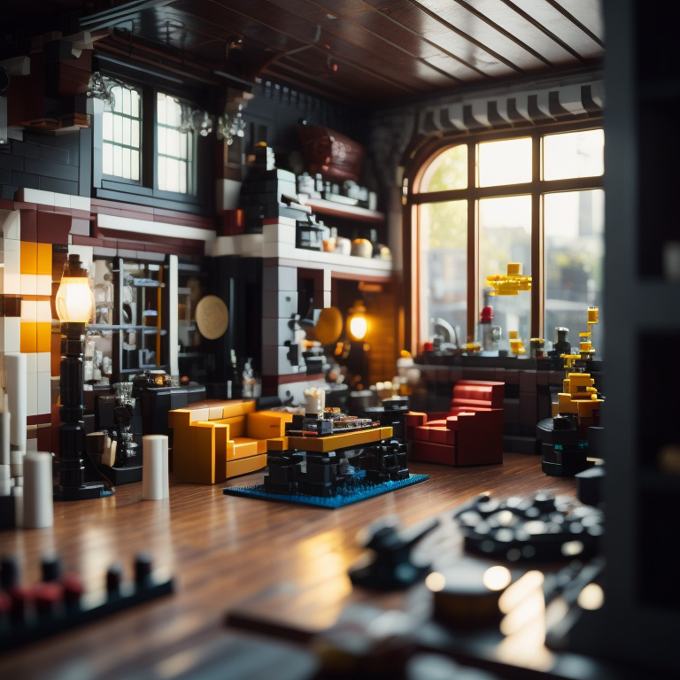 interior made with loth of small detail of a lego, professional photo, realistic, deep focus