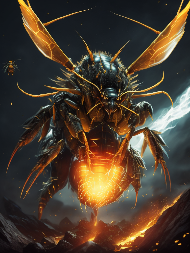 Atomic Prawn, featuring dynamic lighting and a comic book style, digital painting by artist jim lee, Artstation, giant hive of swarming bees, Highly detailed, Sharp focus, trending on instagram, featuring dynamic lighting and a comic book style, digital painting by artist jim lee, Artstation, Highly detailed, Sharp focus, trending on instagram