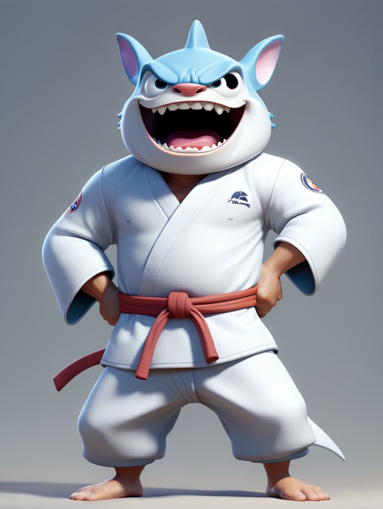 humanoid cartoon shark in judo kimono stay in action pose and angry face