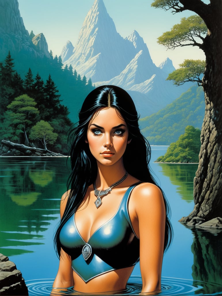 Beautiful revealed girl in lake, looking at you, minimalist, 1970's dark fantasy book cover paper art, dungeons and dragons style drawing, by larry elmore