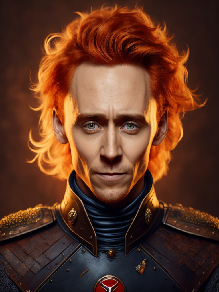 Portrait of Tom hiddleston with red hair in medieval style, detailed face, contrasting light