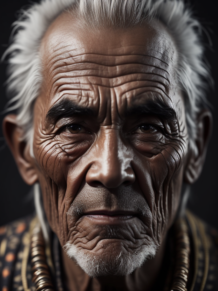 Portrait of a tribal elder with a face tattoo, photography, beautiful, black background, colorful, realistic, masterpieces, top quality, best quality, official art, beautiful and aesthetic