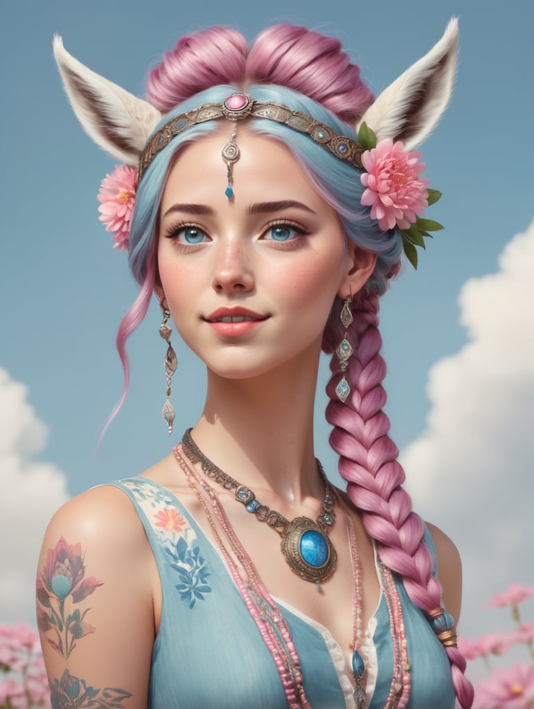 In RPG character drawing style. Young human woman with clearly visible llama ears holding aloft on her head. She has blue eyes. Pink hair styled in two braids. She wears an old medallion around her neck where a flower is represented. Her head is topped with a simple flower crown. She is wearing a long, light bohemian style dress with a floral pattern.