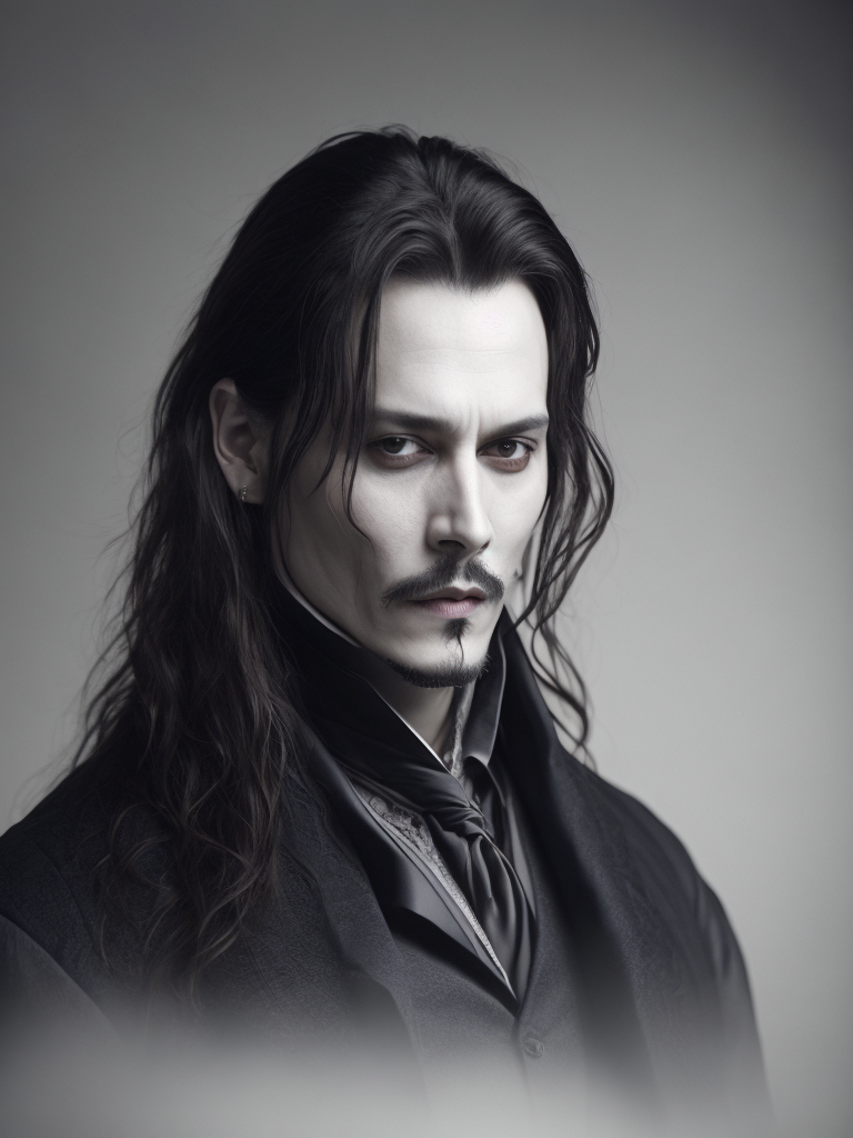 Portrait of Johnny Depp as Count Dracula, majestic look, long hair, he wears 18th-century style clothing, dark background, contrasting light, detailed face, muted tones