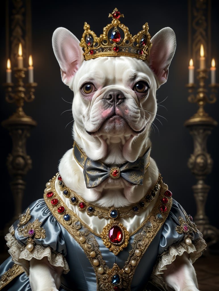 Направи аристократично бароково изображение на сив женски френски булдог, облечен в барокова рокля, с барокова корона