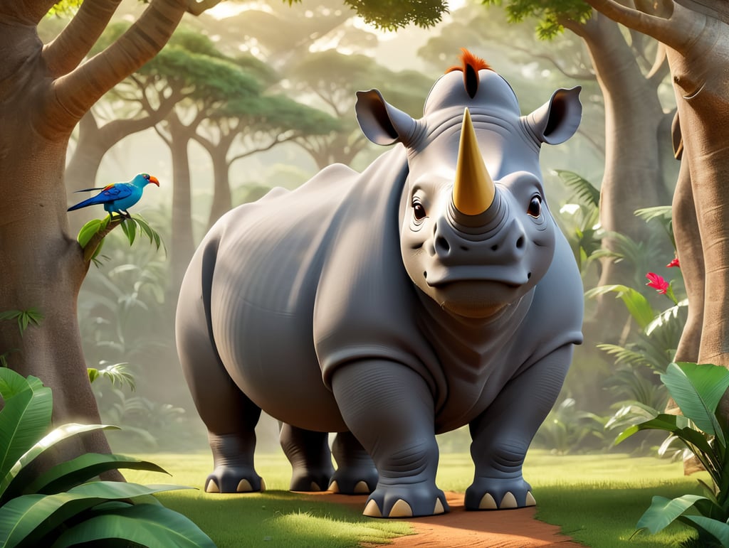 A breathtaking photograph captures the essence of the African jungle, as a magnificent rhinoceros emerges from the lush foliage. The vibrant green canopy overhead filters the golden sunlight, casting dappled shadows on the rhino's rugged, gray hide. Its powerful horn, resembling a gleaming spear, stands proudly atop its noble head. The rhino's eyes, deep and soulful, reflect a sense of wisdom and ancient knowledge, telling tales of survival and resilience. The jungle comes alive around the majestic creature, with colorful birds flitting through the air, their feathers a vibrant tapestry of reds, blues, and yellows. The scent of exotic flowers permeates the air, mingling with the earthy aroma of the jungle floor. This evocative image transports viewers deep into the heart of Africa, where the rhinoceros reigns as a symbol of strength and untamed beauty.
