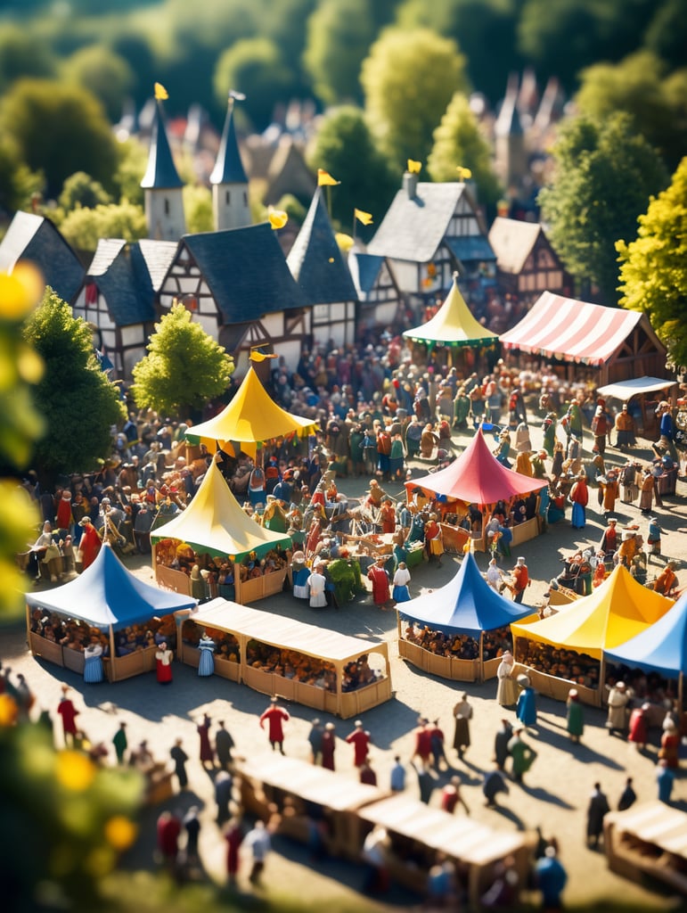 A medieval-inspired creative concept is depicted in a tilt-shift photograph capturing the joyful ambiance of a village fete and fair