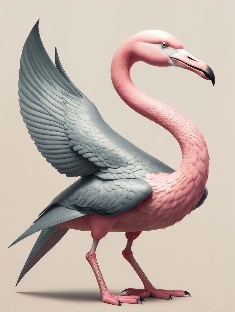 animal with a snake body, flamingo feet, shark fin, fly wings