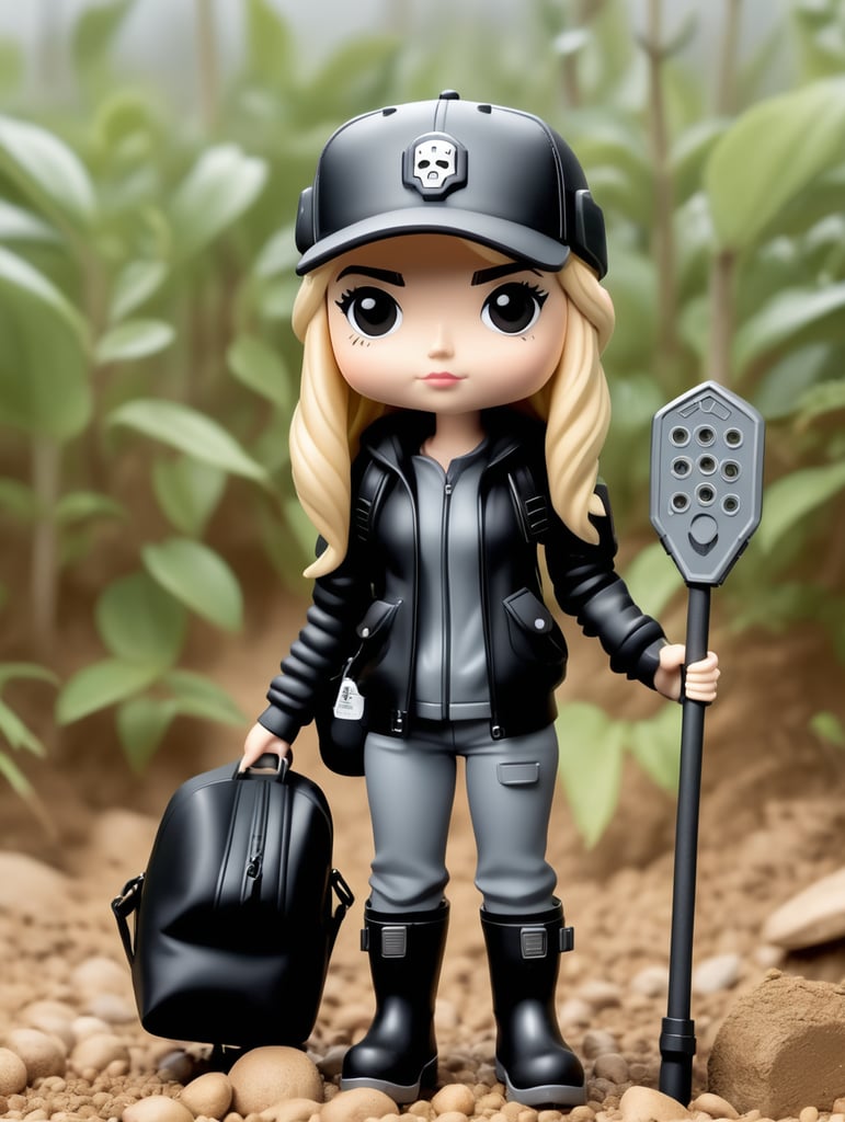 Female funko pop character with shoulder length straight blonde hair wearing black cap and black clothes with grey wellies and headphones on holding a metal detector and spade with a bag around the waist