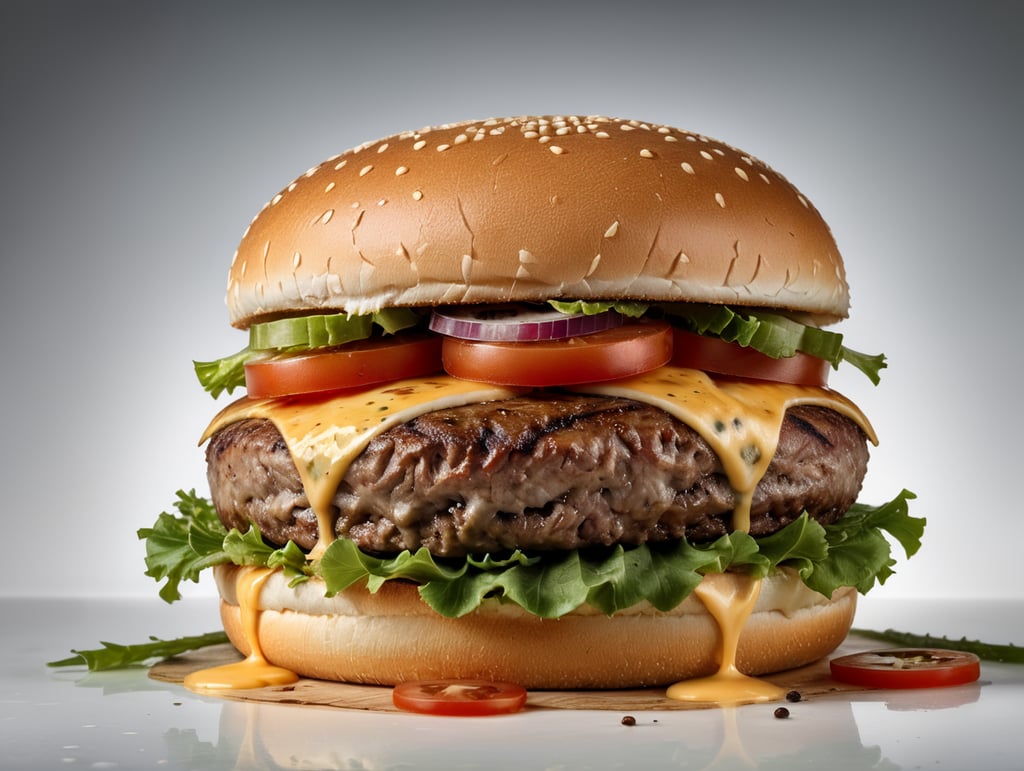 an appetizing burger with lettuce, tomato and melted cheese, ultra hd, isolated, hyper realistic, detailed,