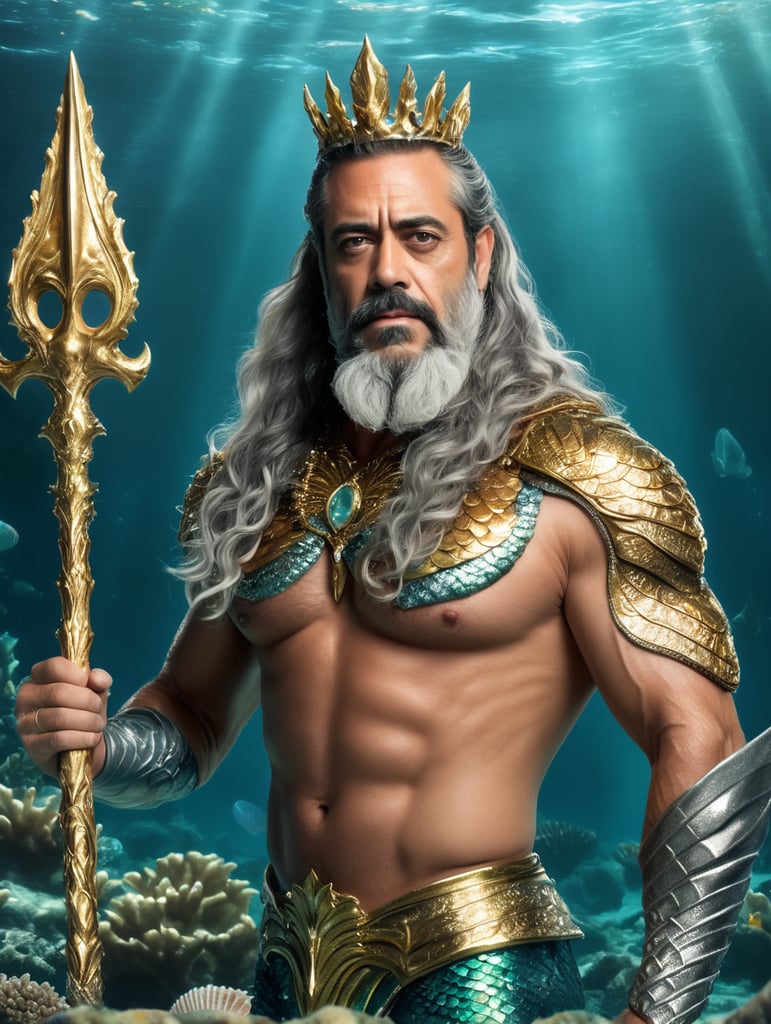 Jeffrey Dean Morgan as a Merman king, iridiscent mermaid tail, underwater, with long gray hair, long gray beard, perfect muscular body, crown made of gold details, with gold bracelets, holding Poseidon's trident, with armor made of silver sea shells, full body, on the bottom of the clear ocean, clear facial features, Cinematic, 35mm lens, f 1.8, lighting highlight, global illumination -- illuminated --v 4