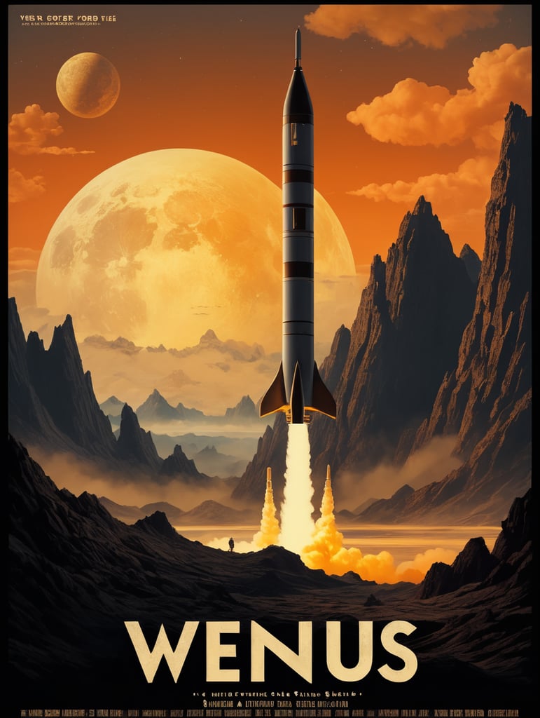 Ein Vintage-Reiseplakat für Venus im Hochformat. Die Szene zeigt die dicken, gelblichen Wolken der Venus mit der Silhouette eines sich nähernden alten Raketenschiffs. Geheimnisvolle Formen deuten auf Berge und Täler unter den Wolken hin. Der untere Text lautet: „Explore Venus: Beauty Behind the Mist“. Das Farbschema besteht aus Gold-, Gelb- und sanften Orangetönen und erweckt ein Gefühl des Staunens.