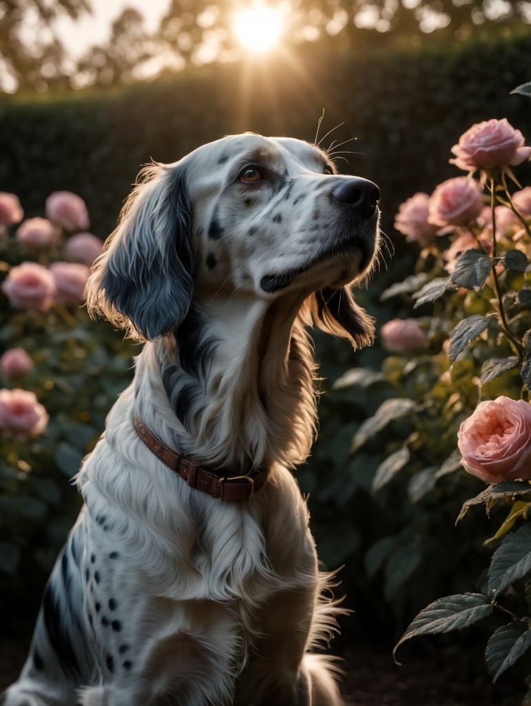 English setter dog sitting in the rose garden. Evening, warm light reflections. Long hair on the ears