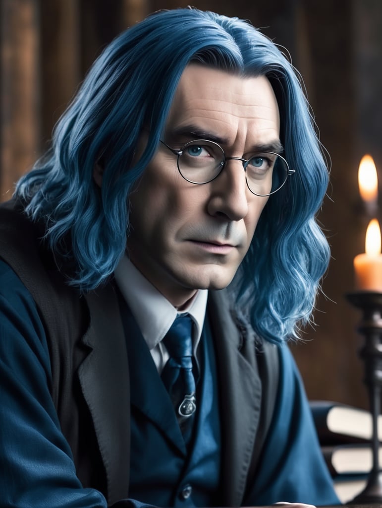 professor Snape from Harry Potter with blue hair, serious face teaching a lecture