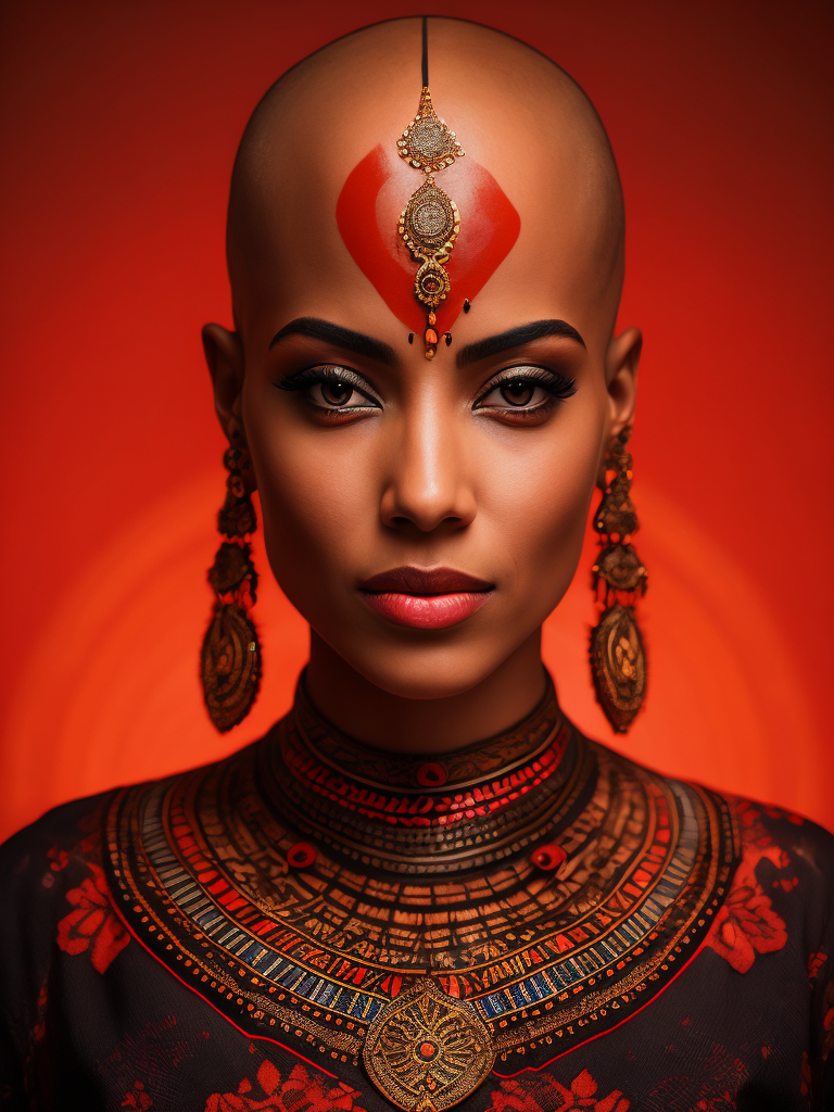 studio portrait of beautiful north African woman with bald head, her face and skin is completely covered with intricate tribal henna tattoos, studio lighting red reflection
