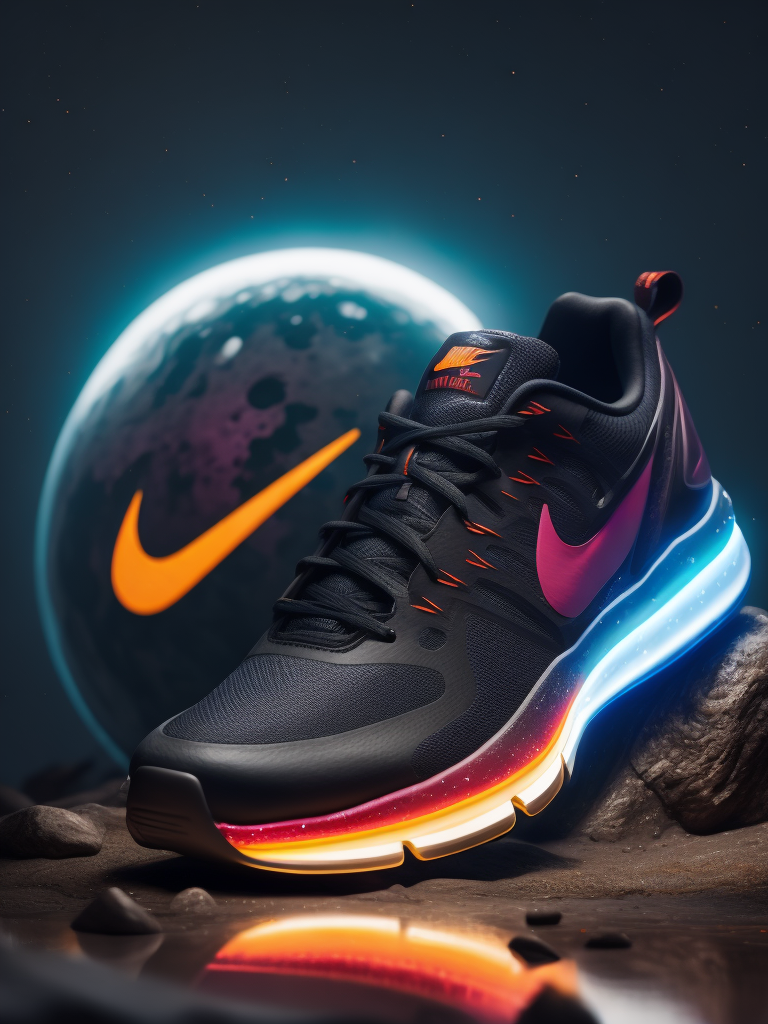 Illustration of a nike sports shoe in neon lights on a rock at night with moon light, bright and saturated colors, highly detailed, sharp focus, fashion magazine style