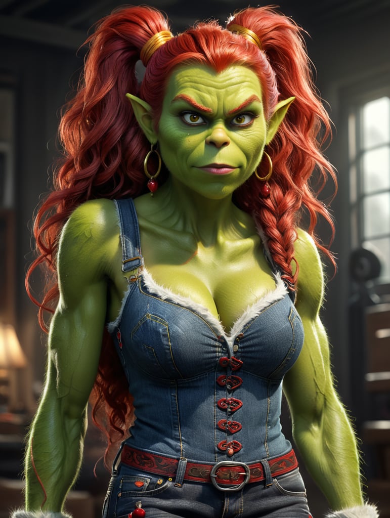 Grinch.long curly red pony tail.big chest.big belly.big hoop earrings.tanktop.jeans.heydudes.light makeup.dark eyeliner