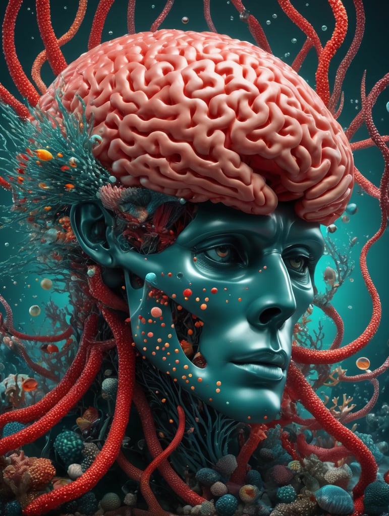 the brain was created by adding dots, in the style of hyperrealistic marine life, colorful animation stills, analytical art, intensely colorful figuration, bombacore, intertwined networks, dark teal and light red