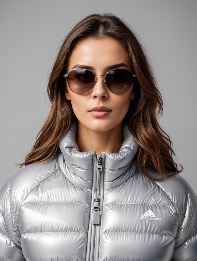 Inflatable white minimalist women's puffer jacket, wearing sunglasses, transparent, isolated, grey background, mockup