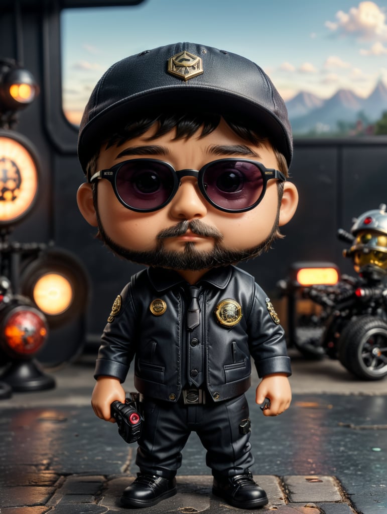 short haired bearded little boy with snap back on head and black glasses funko pop with Design emblem saying "atmost design " on his suit.