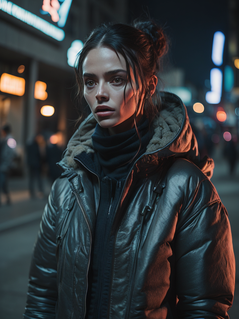Detailed portrait neon cleaner woman, cyberpunk futuristic neon, reflective puffy coat, perfect face, fine details