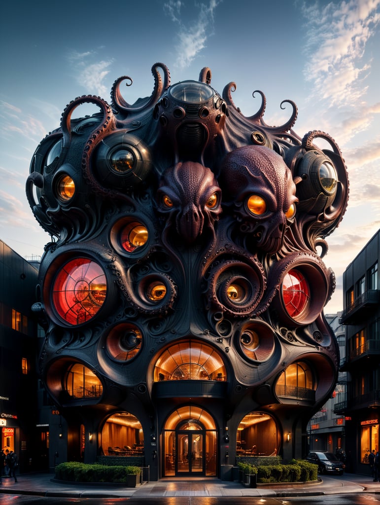 the craziest, bentwood, far view lens architectural modern style hyper realistic hyper detailed neocosmic exterior architecture design of a octopus Fluid complex facade, geometric shapes spectrum, black::1 red:3, Antoine Blanchard architecture art style, in new York city, dramatic ambient, natural lighting