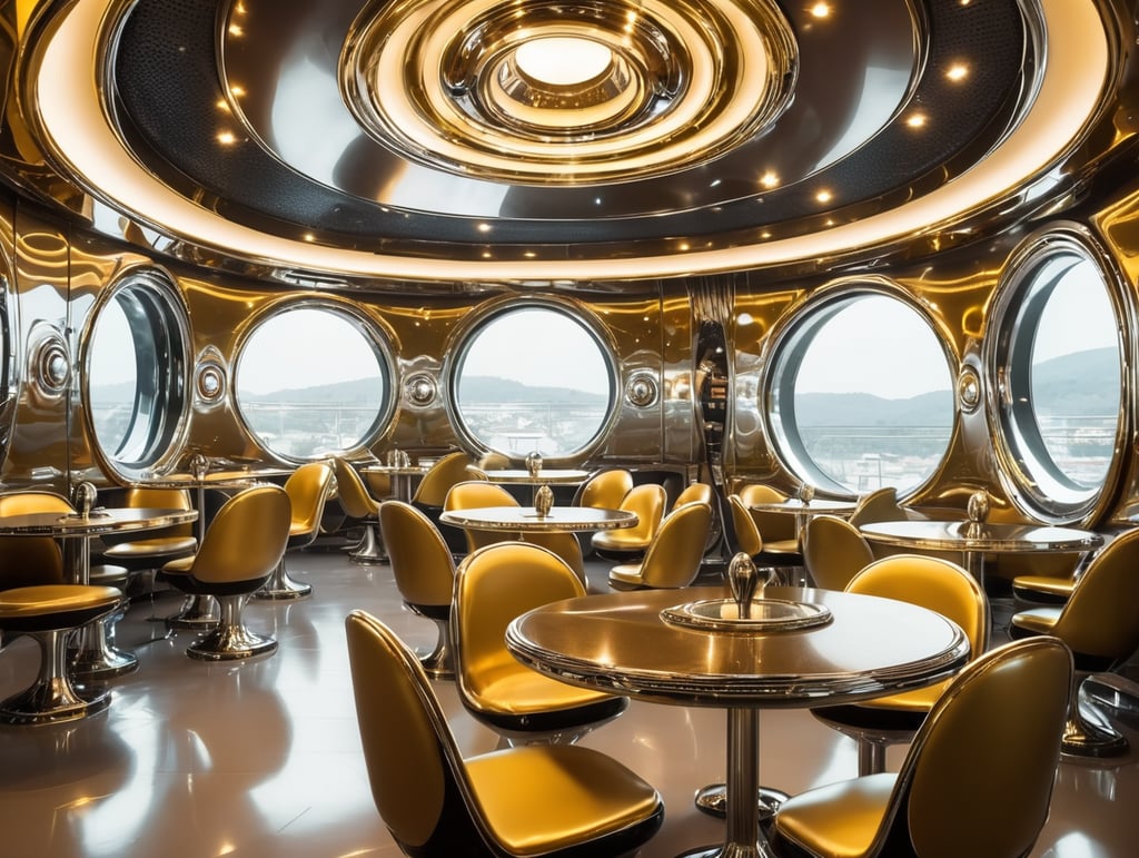 Futuristic interior of UFO cafe. Alien interior, chrome and gold tones