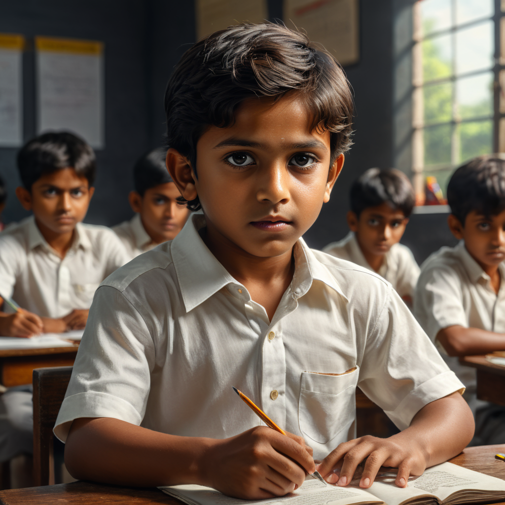 indian kid with white shirt studyng in classroom