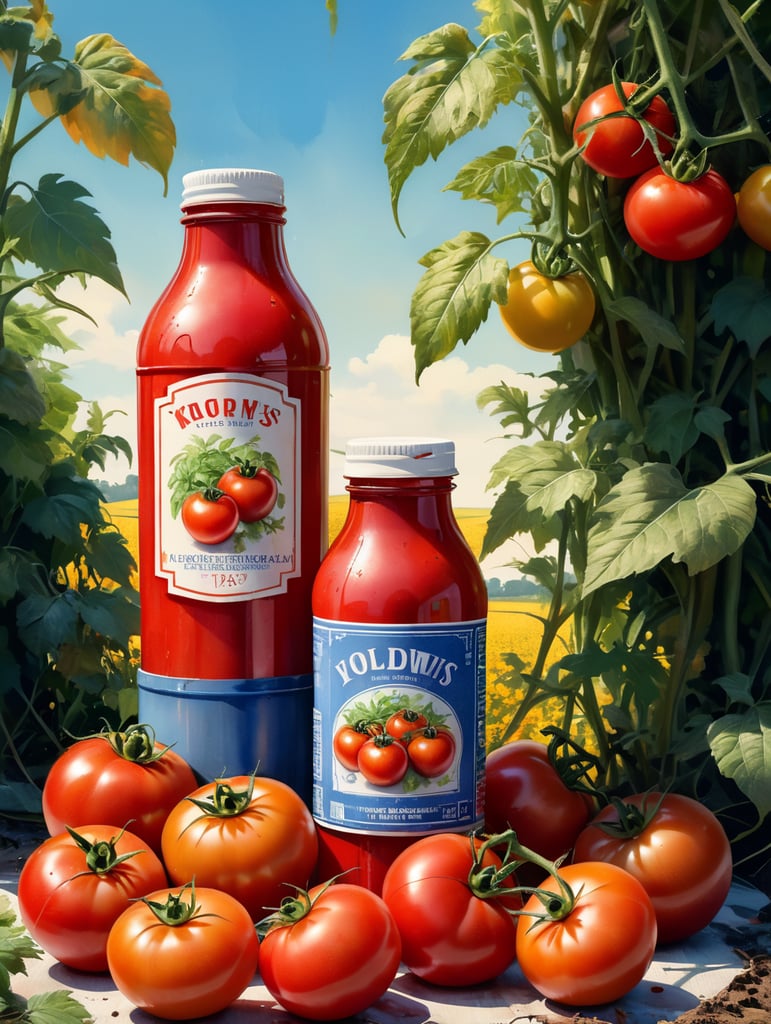 several red tomatoes stacked together forming a ketchup bottle with some leaves around it, beautiful tomato plantation in the background and a blue sky, short grass and yellow flower, creamy light, ambient lighting, beautiful colors