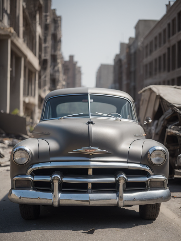 1952 Gray Chevrolet goes through bombed city, world war 2