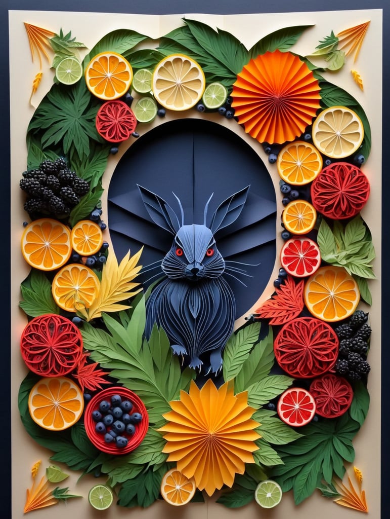 Cannabis leaf surrounded by exotic fruit, berries, and vegetables