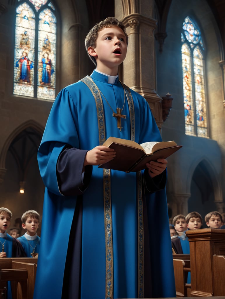 A young chorister singing in church wearing a blue cassock