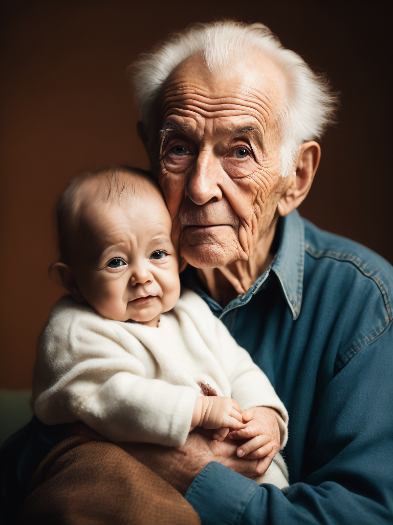 90 year old old man holding a baby in his arms, cute face, emotional photo, Vivid saturated colors, Contrast color, studio photo, professional photo, Rich colors, Detailed image, detailed face