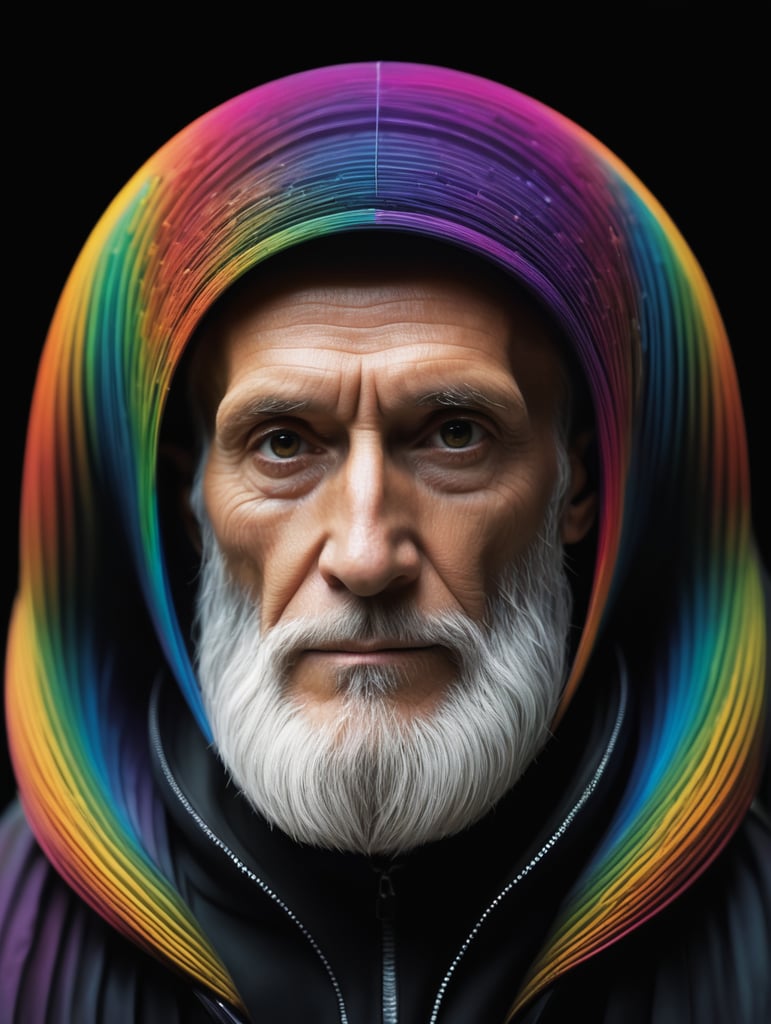 futuristic image of a hermit in rainbow colours on black background