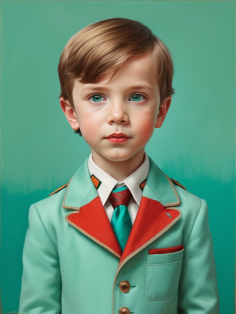 Portrait of child, half lenght, Wes Anderson style, Incredibly high detail, Bright colors, turquoise green and red colors,