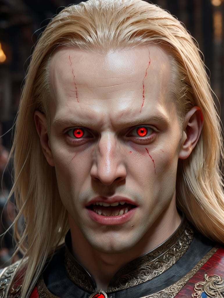 Young pale man, red eye, very long blonde straight hair