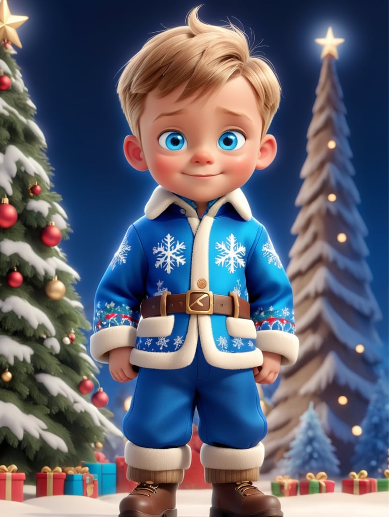 Um menino de 5 anos extremamente bonito com os olhos azuis e o cabelo castanho claro com roupa natalícia
