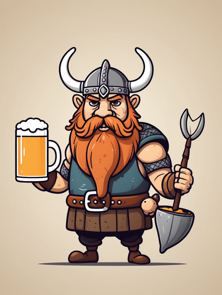 draw a single viking stylistic simple line character with cartoon style holding a shrimp and a mug of beer
