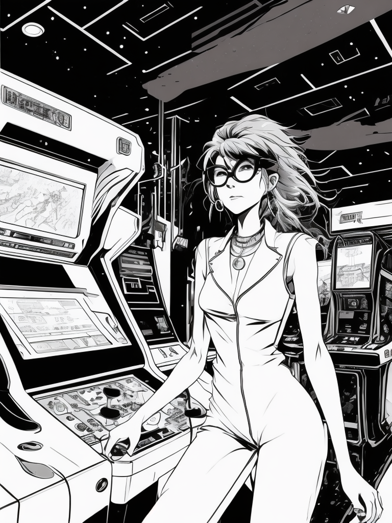 Vintage 90's anime style environmental wide shot of a chaotic arcade at a woman wearing glasses playing an arcade by hajime sorayama, greg tocchini, virgil finlay, sci-fi. line art. environmental arcade art.