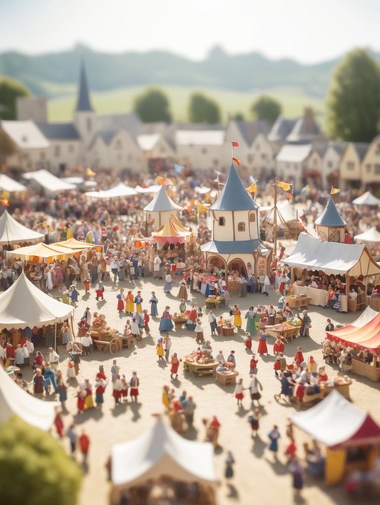 A medieval-inspired creative concept is depicted in a tilt-shift photograph capturing the joyful ambiance of a village fete and fair