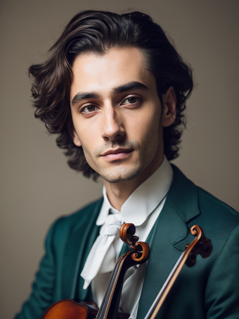 Antonio Lucio Vivaldi with a violin, in a 18th century green suit, Detailed image, detailed face,