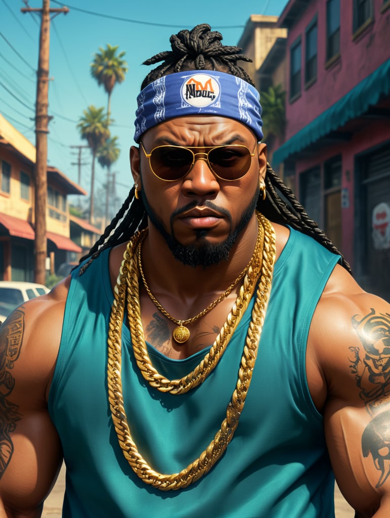 a simple Logo art of A furious, angry furious black crazy fat man ,box braids and cap, sunglasses ,gang member, gangsta 1990's, arms crossed , Loose clothes, royal bandana in your face and baseball jersey , Golden chain ,ultra realistic, intricate details , real colors , 8k , uhd, comic, gta san andreas style , A hood ghetto behind the central image rounded bandana background , Dragon Ball Z style vaporwave