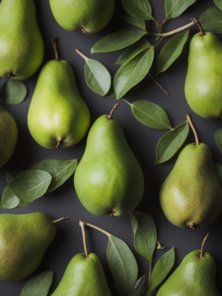 Juicy Pears pattern with green leaves, detailed Pears, macro photo