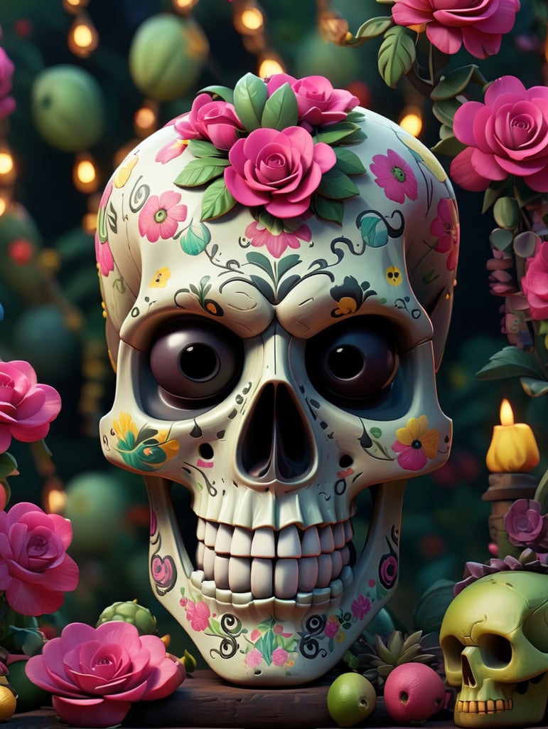 Mexican skull calavera, surrounded by poetic ornamental elements such as fruits, flowers, garlands of lights and native plants, colors pink, green, gold and black