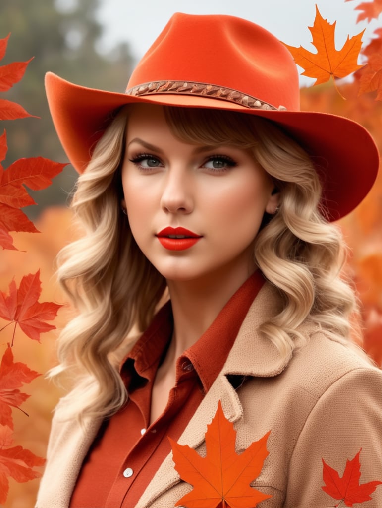 Taylor Swift as cowgirl in Red and orange red era with Colt and hat and leafs autumn